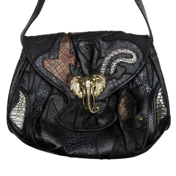 1980s Vintage NAS Black Frogskin Faux Leather Elephant Buckle Shoulder Bag - Picture 2 of 12